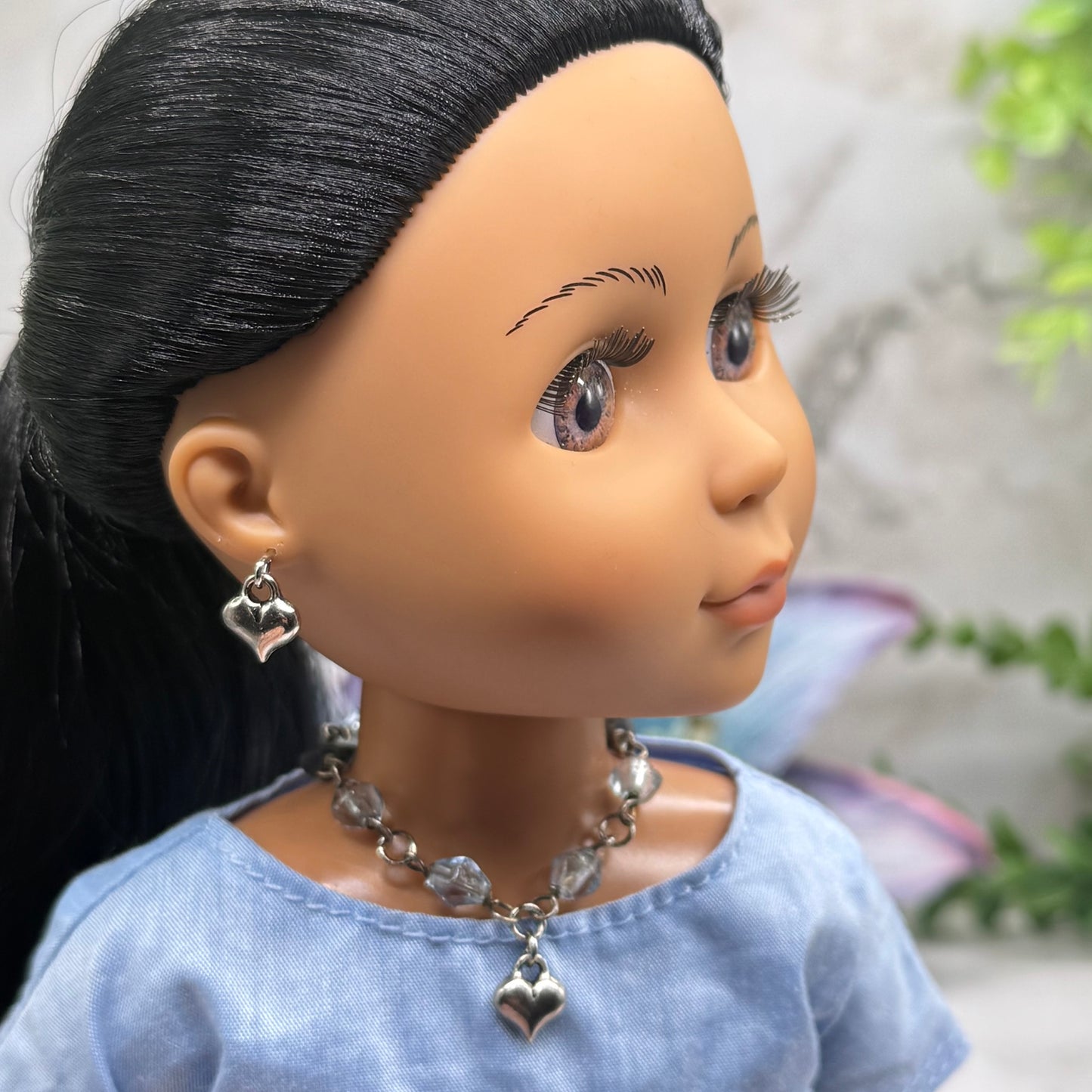 Blue Glass Beaded Silver Heart Charm Doll Necklace & Earrings • 14 Inch Fashion Doll Jewelry