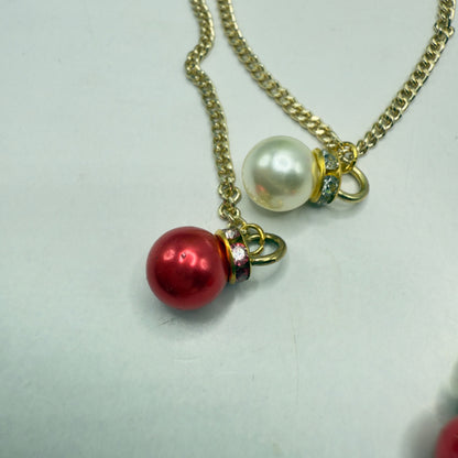 Red Pearl Christmas Ornament Layer Doll Necklace & Earrings • 18 Inch Fashion Doll Jewelry