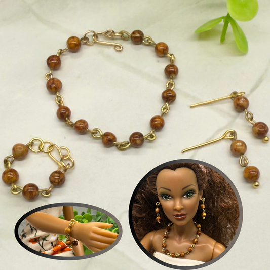 Brown Glass Beaded Necklace Earring Bracelet Set • 16 Inch Fashion Doll Jewelry