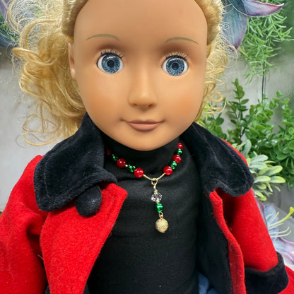 Green & Pinkish Red Pearly Bead Gold Chain Christmas Doll Necklace • 18 Inch Fashion Doll Jewelry