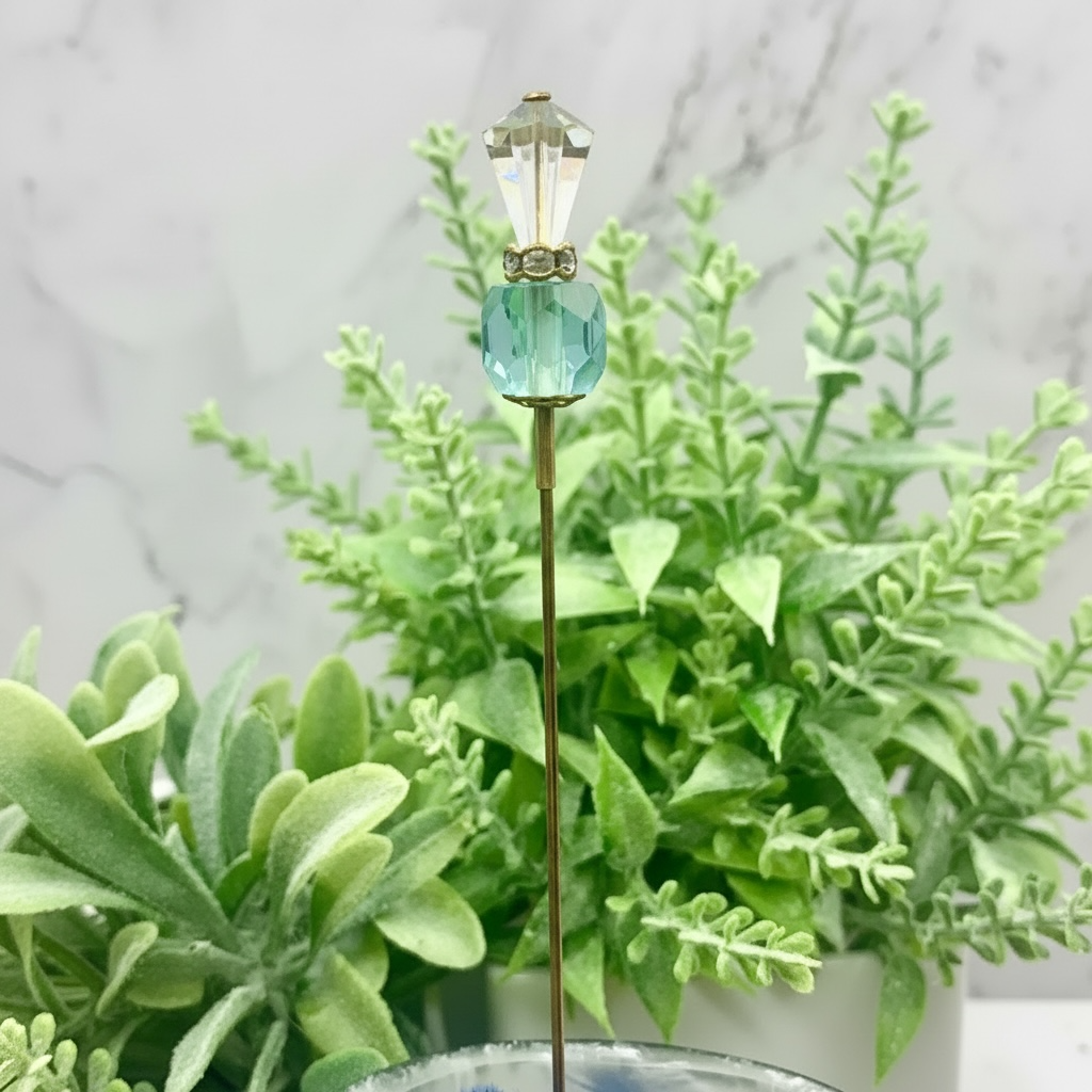 Turquoise Blue Glass Crystal -  Rhinestone Gold Tone 6” Pin • Hatpin - Stick Pin
