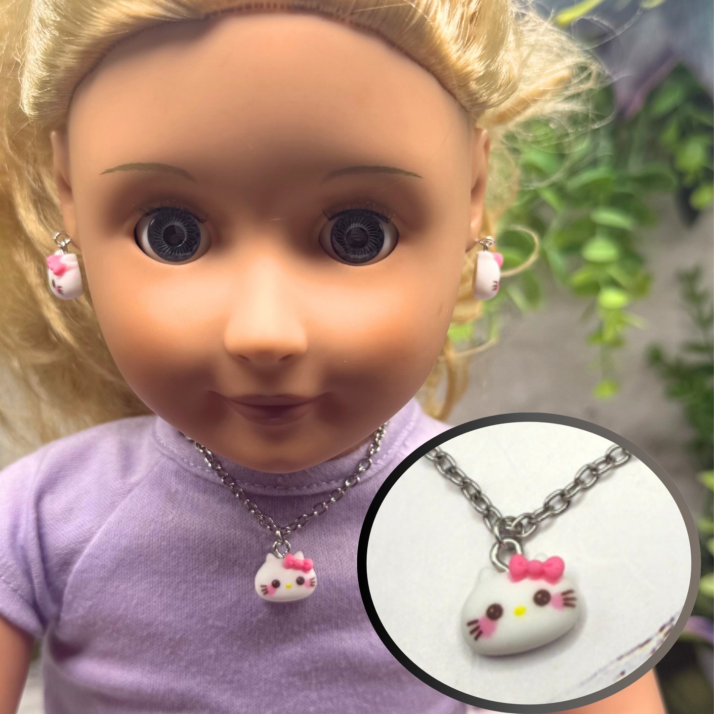 Hello Cat Pink Bow Kitty Charm Doll Necklace and Earrings Set • 18 Inch Fashion Doll Jewelry