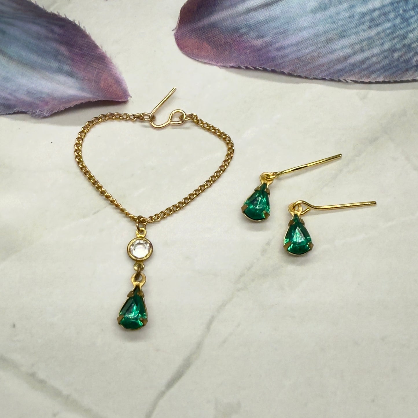 Green Rhinestone Teardrop Gold Doll Necklace Earring Set • 16 Inch Doll Jewelry