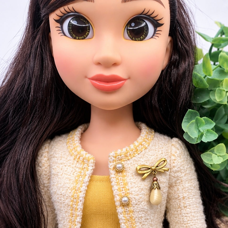 Tan Beige Glass Teardrop Pendant with Gold Tone Bow Pin • Doll Brooch