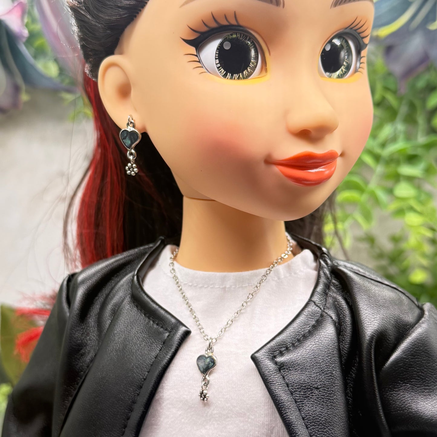 Abalone Silver Heart Dangle Doll Necklace & Earrings Set • 18 Inch Fashion Doll Jewelry