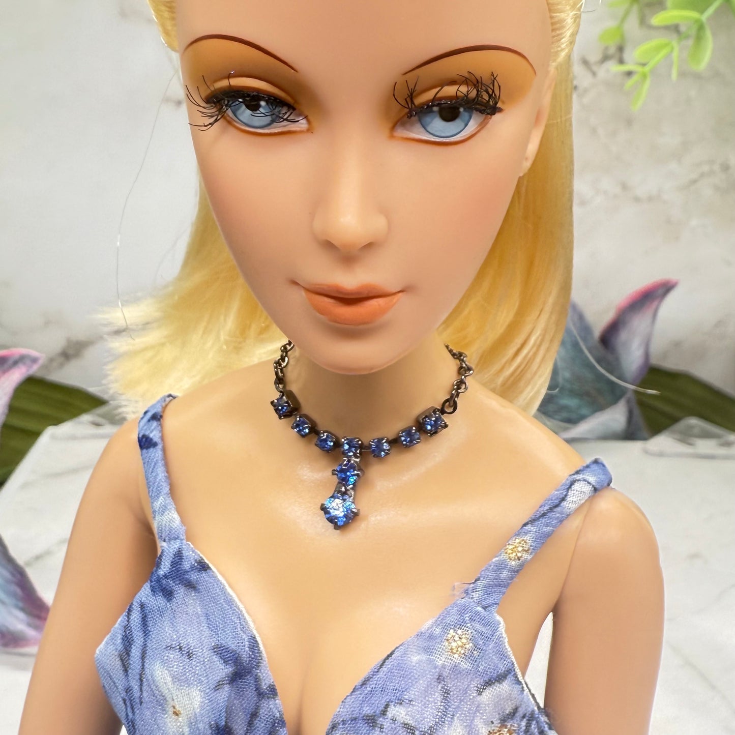 Blue Rhinestone Y-Drop Gunmetal Doll Necklace • 16 Inch Fashion Doll Jewelry