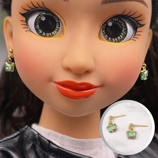 Teal Dangle Butterfly Charm Gold Post Doll Earrings • 18 Inch Fashion Doll Jewelry