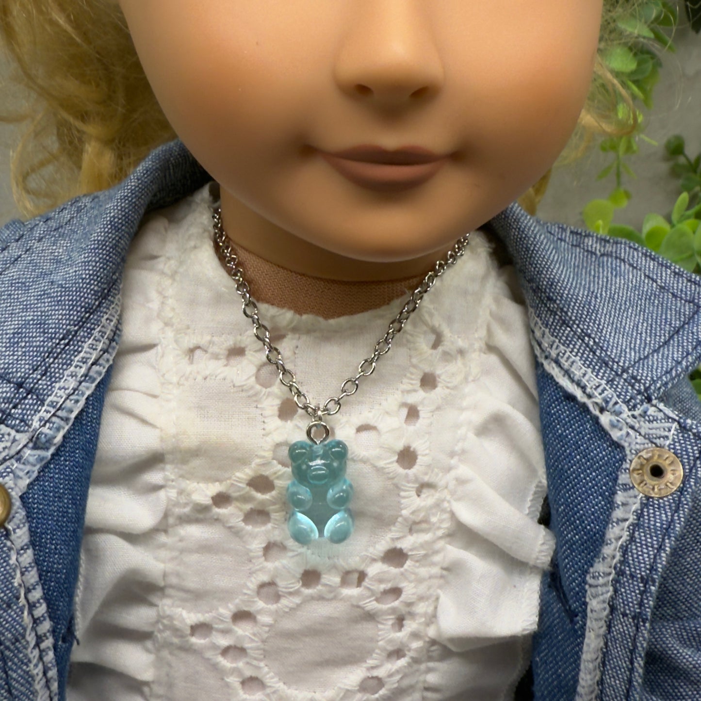 Turquoise Blue Translucent Acrylic Teddy Gummy Bear Charm Silver Chain Doll Necklace 18” Doll Jewelry