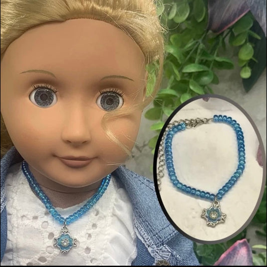 Iridescent Blue Beaded Doll Necklace W/ Pendant • 18” Fashion Doll Jewelry