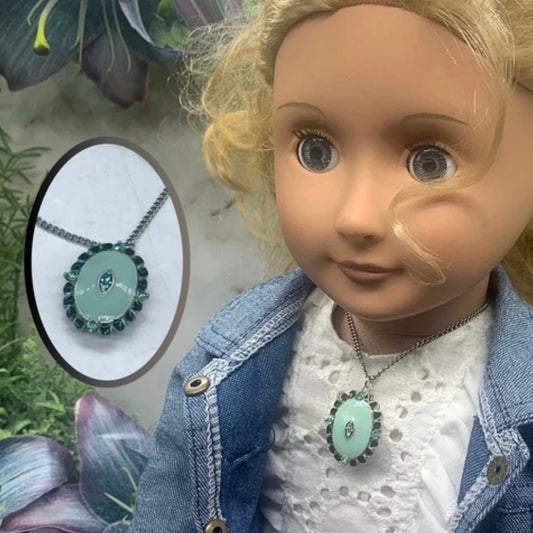 Oval Turquoise Green Locket Rhinestone Detail Doll Necklace • 18” Doll Jewelry