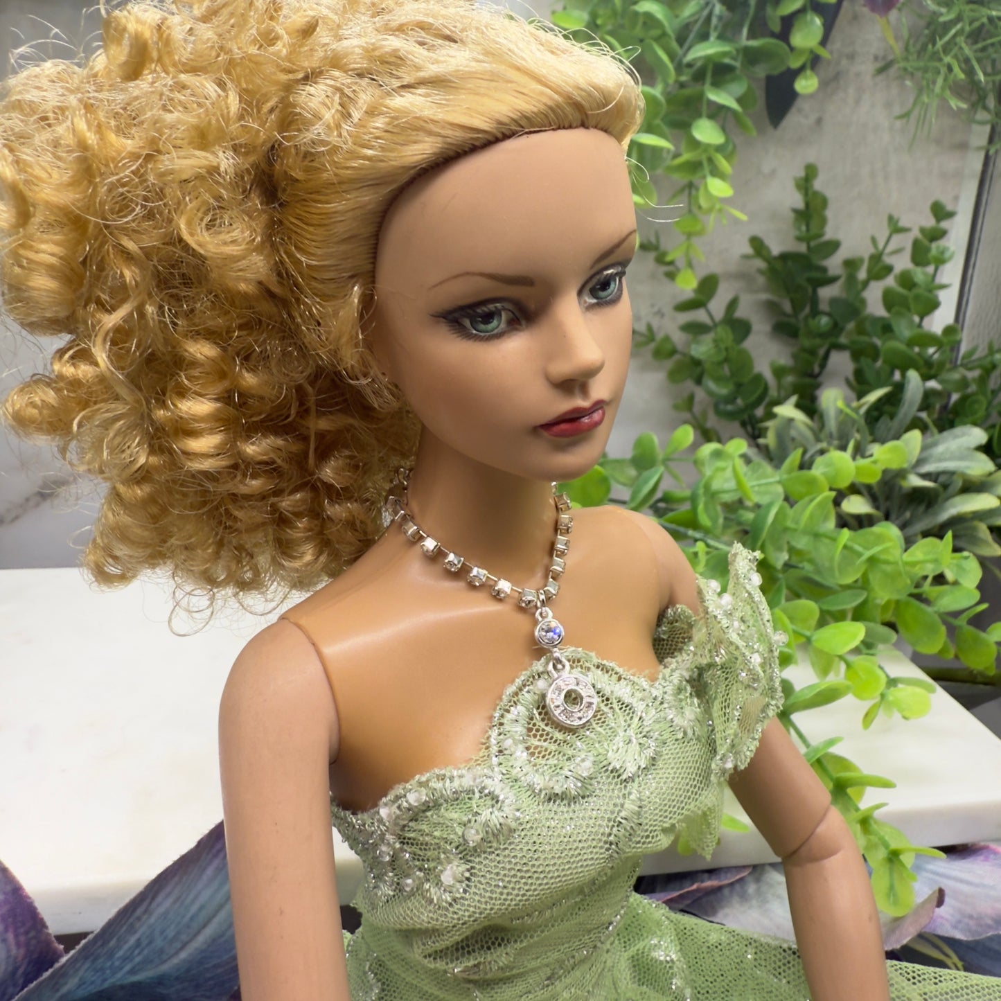 Round Drop Pendant Clear Rhinestone Chain Doll Necklace • 16” Doll Jewelry