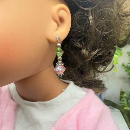 Light Green Pink Glass Crystal Dangle Doll Earrings • 18 Inch Fashion Doll Jewelry