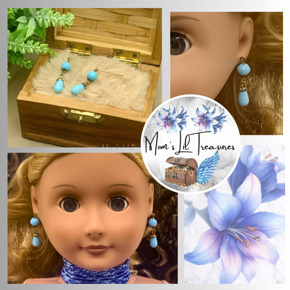 Blue Glass Gold Dangle Doll Earrings • 18 Inch Fashion Doll Jewelry