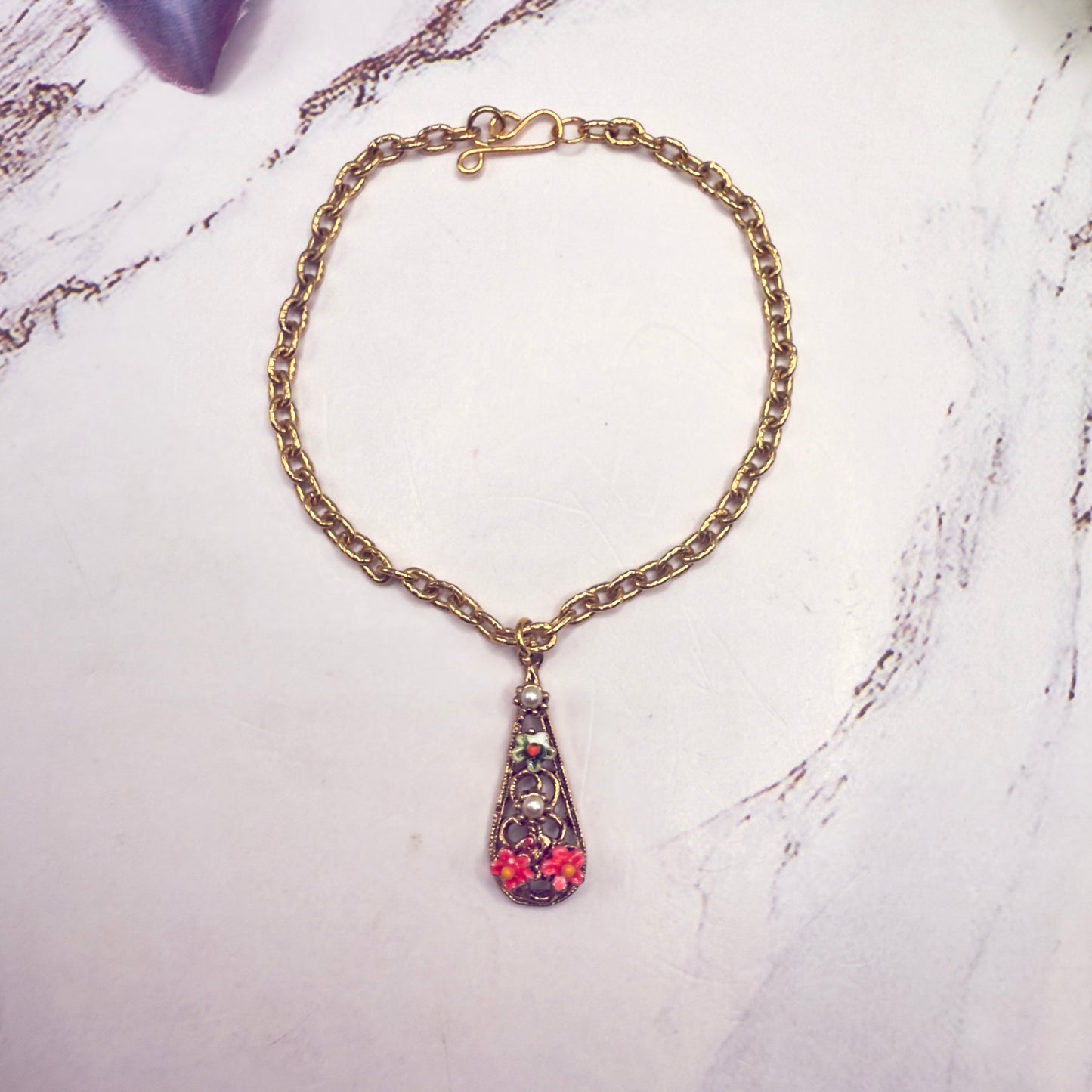 Teardrop Charm Floral Design Gold Chain Doll Necklace • 18 Inch Fashion Doll Jewelry