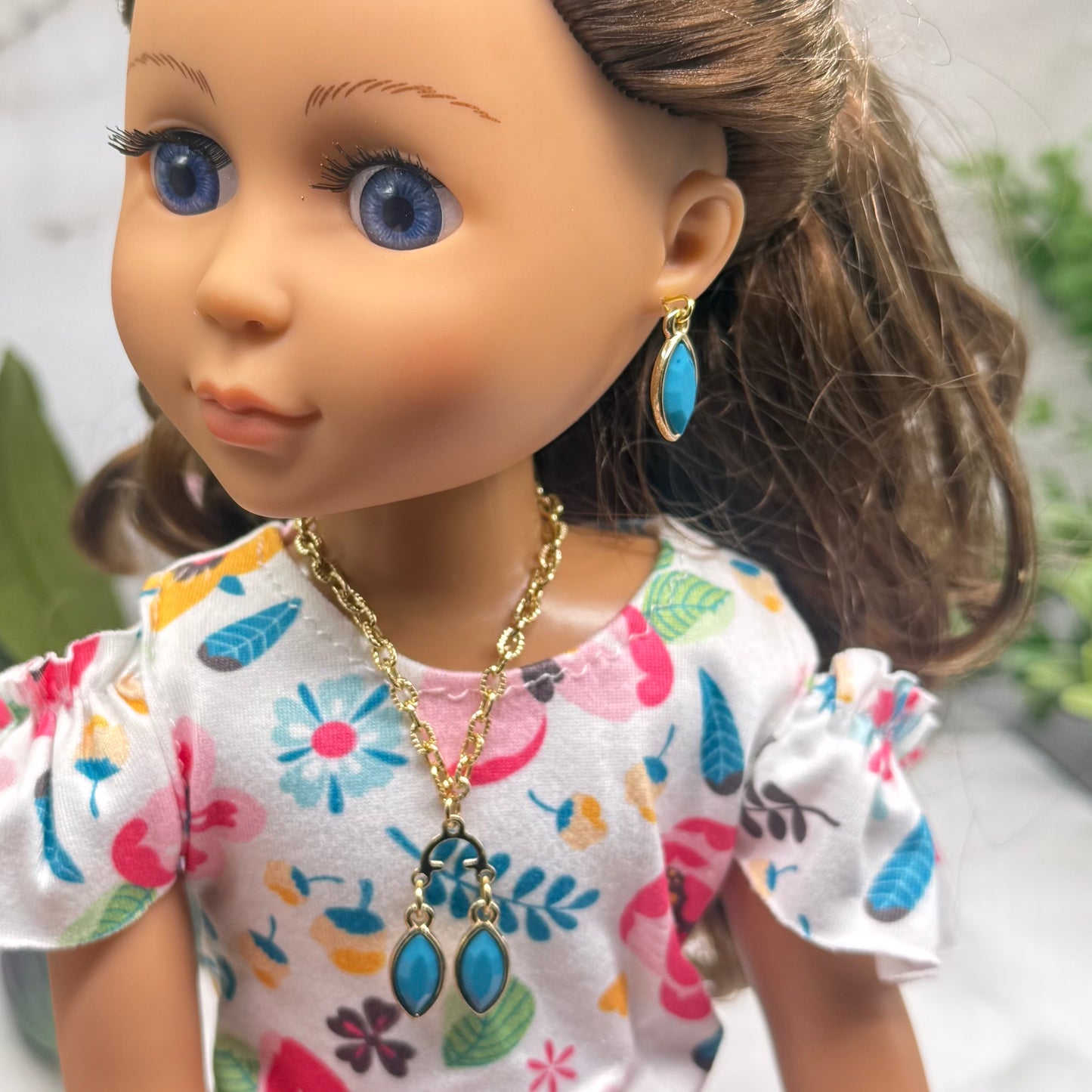 Turquoise Green Rhinestone Dual Pendant Gold Chain Dangle Doll Necklace & Earrings • 14 Inch Fashion Doll Jewelry
