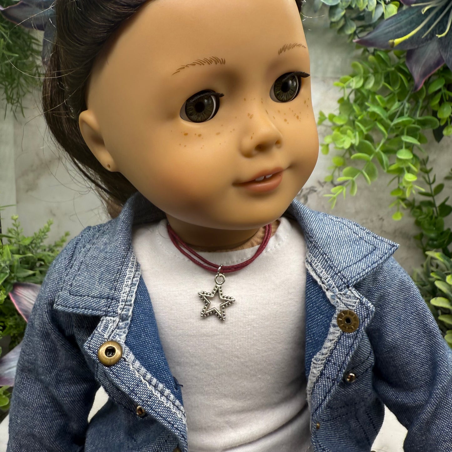 Silver Star Pendant Dark Burgundy Wine Red Fabric Cord Doll Necklace • 18 Inch Fashion Doll Jewelry