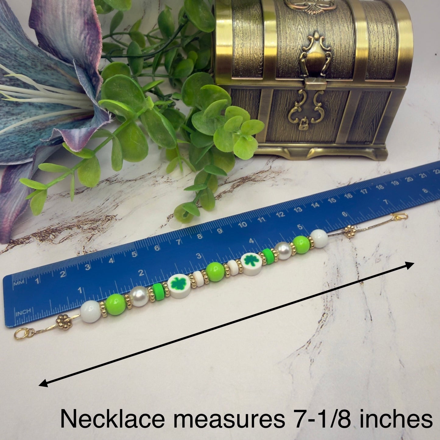 Green White Bubble Gum Beaded Four-Leaf Clover Doll Necklace • 18 Inch Fashion Doll Jewelry