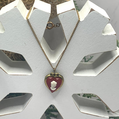Burgundy Red Heart Cameo Locket Gold Chain Doll Necklace • 18” Doll Jewelry
