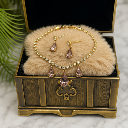 Teardrop Rhinestone Gold Doll Necklace Earrings Set 18-22” Vintage Doll Jewelry