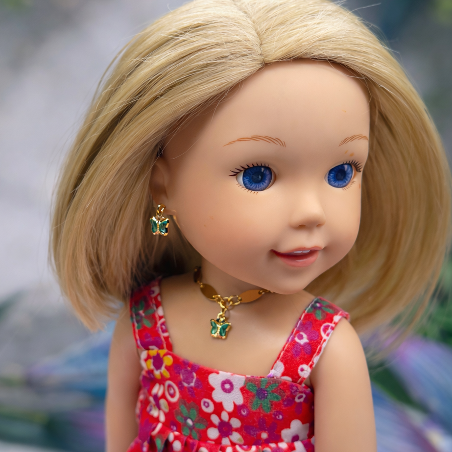 Teal Crystal Butterfly Charm Gold Oval Link Doll Necklace & Earrings • 14 Inch Fashion Doll Jewelry