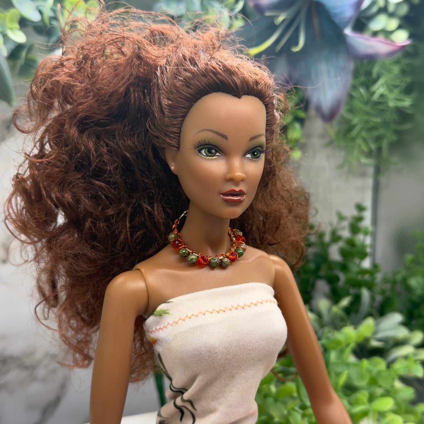 Orange Brown Green Bead Wire Choker Doll Necklace • 16 Inch Fashion Doll Jewelry