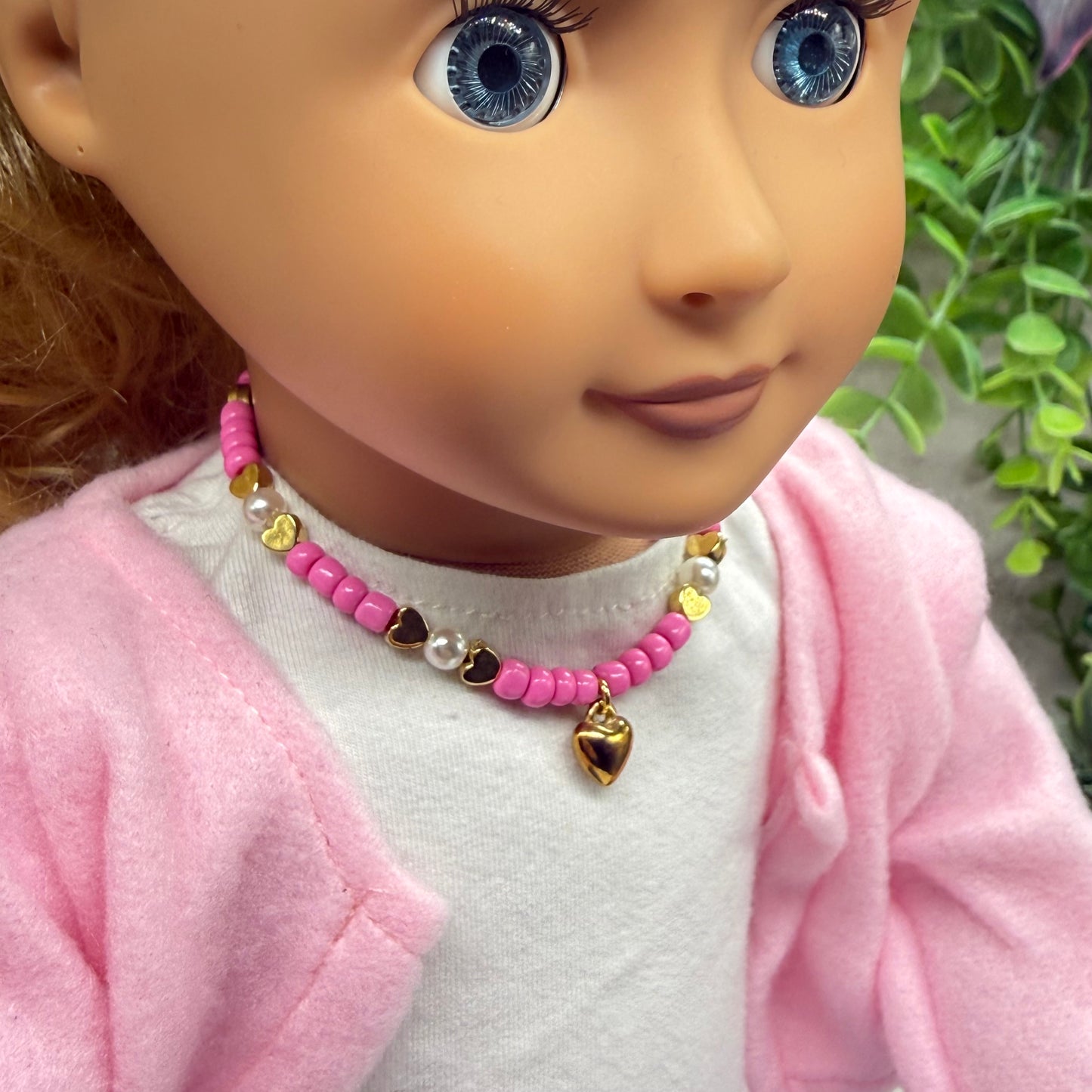 Pink & Pearl Beaded Gold Heart Valentine’s Day Doll Necklace • 18 Inch Fashion Doll Jewelry