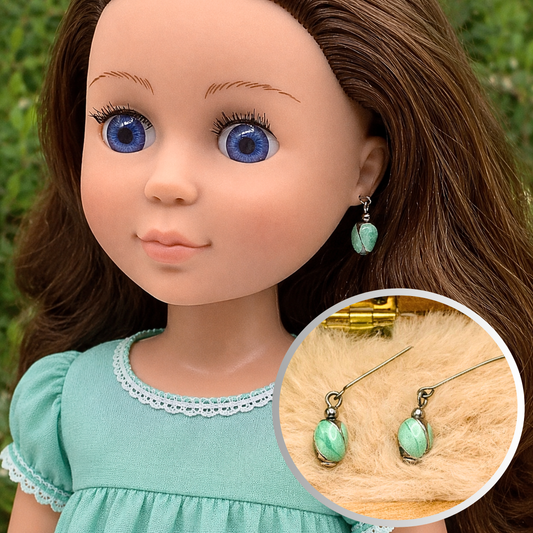Green Enamel Swirl Silver Tone Dangle Doll Earrings · 14 Inch Doll Jewelry