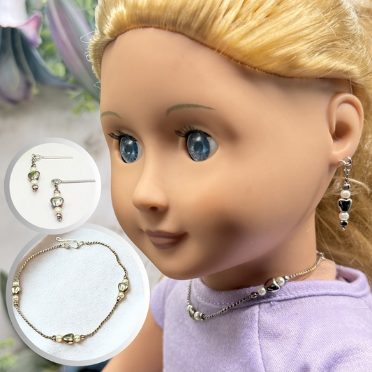 Silver Heart & Pearl Beaded Doll Necklace & Earrings Set • 18 Inch Fashion Doll Jewelry