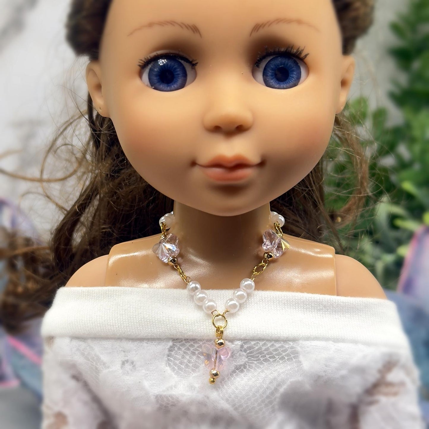 Light Pink Crystal Butterfly & Pearl Beaded Doll Necklace • 14 Inch Fashion Doll Jewelry