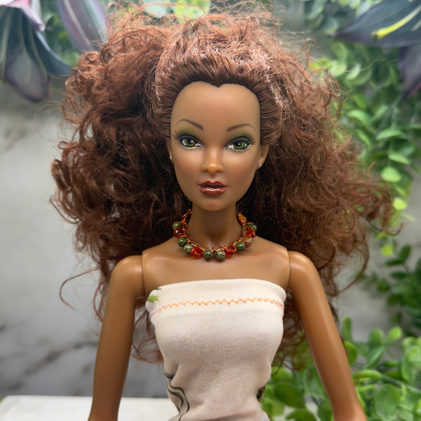 Orange Brown Green Bead Wire Choker Doll Necklace • 16 Inch Fashion Doll Jewelry