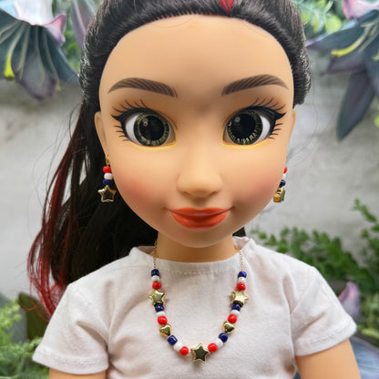 Red White Blue Beaded Americana Gold Star Heart Doll Necklace & Earrings Set for 18 Inch Fashion Doll