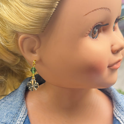 Gold Four-Leaf Clover Green Crystal Dangle Doll Earrings • 18 Inch Fashion Doll Jewelry