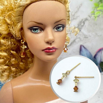 Dark Orange & Clear Crystal Dangle Gold Earrings • 16 Inch Fashion Doll Jewelry