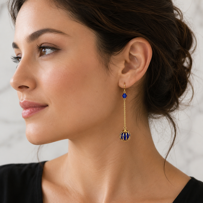 Blue Crystal and Gold Tone Chain Cage Bead Dangle Earrings - Handmade