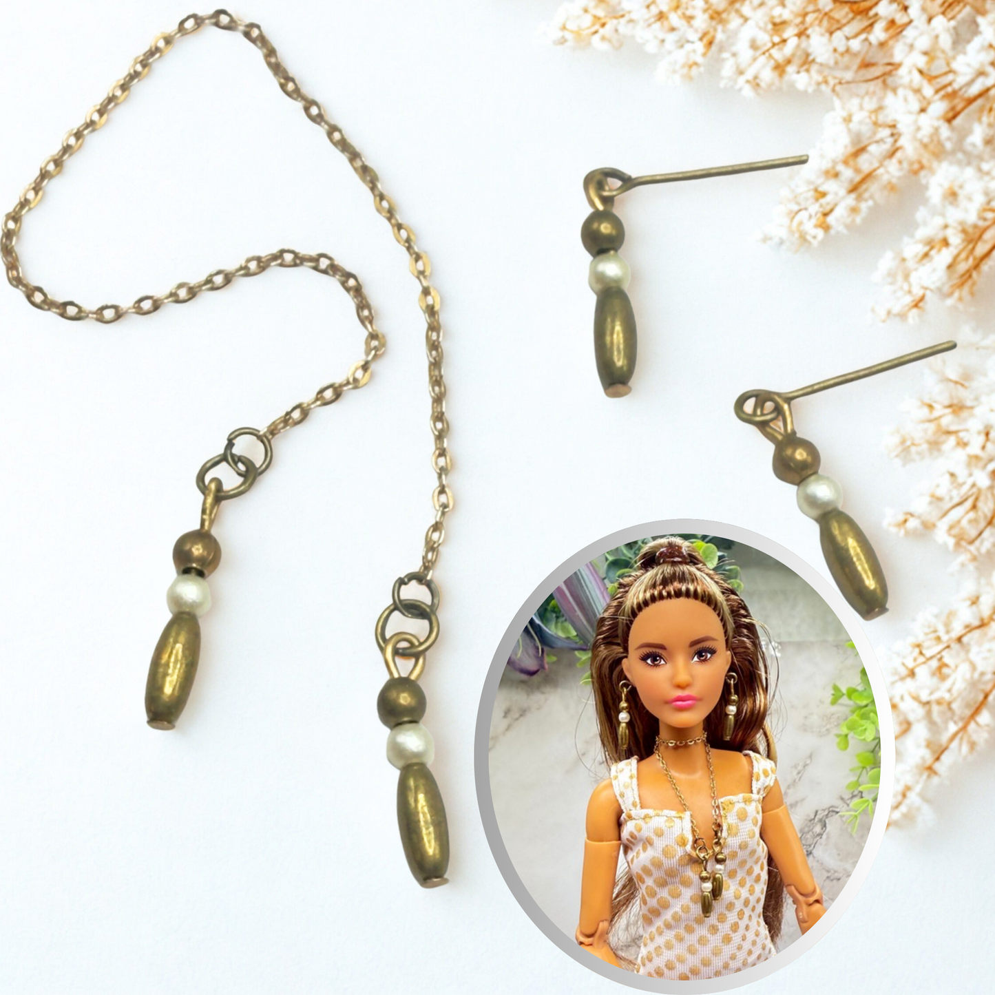 Brass Bronze Pearl Drop Wrap Doll Necklace / Belt & Earrings • 10-12 Inch Fashion Doll Jewelry 1:6