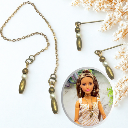 Brass Bronze Pearl Drop Wrap Doll Necklace / Belt & Earrings • 10-12 Inch Fashion Doll Jewelry 1:6