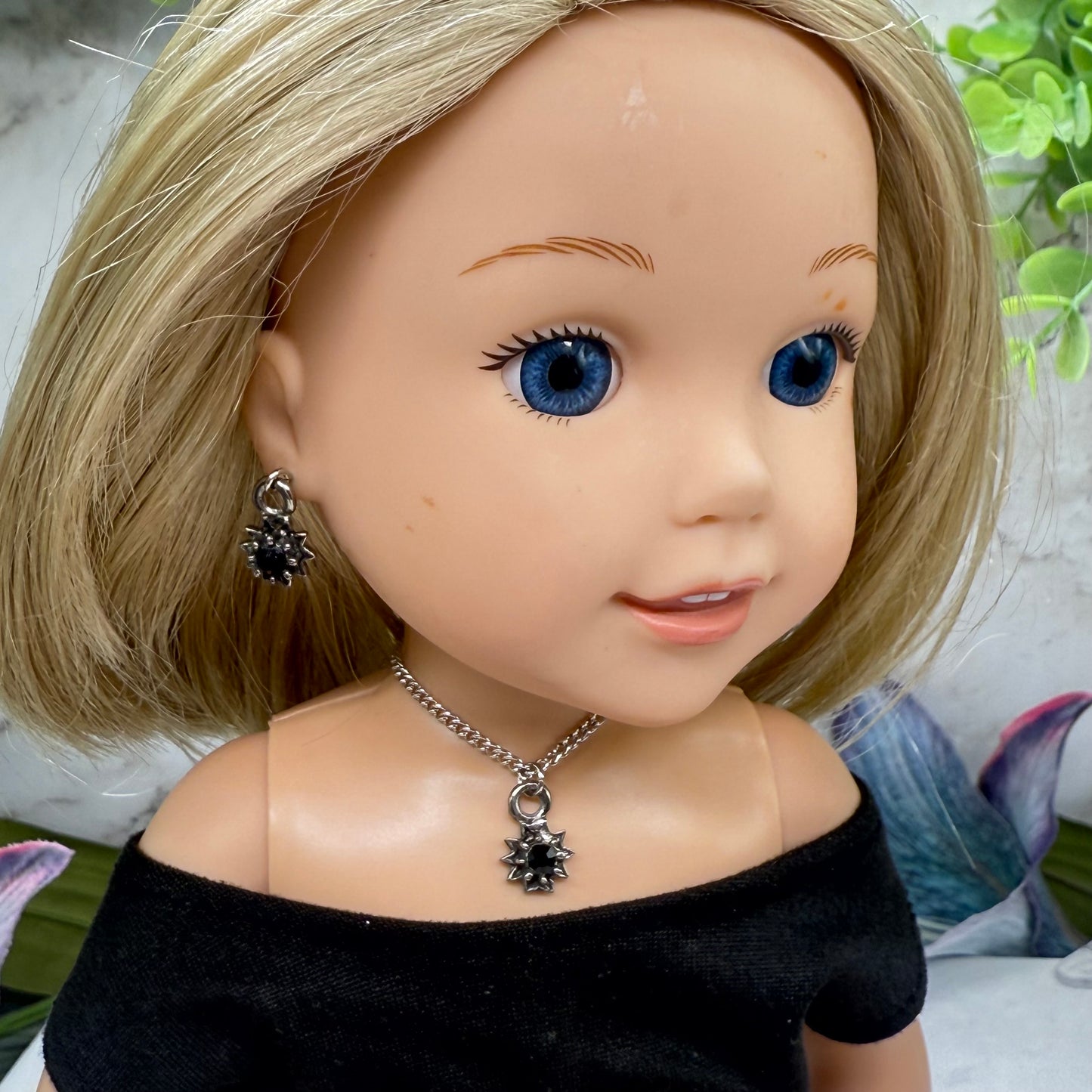 Black Rhinestone Flower Charm Silver Chain Doll Necklace & Earrings Set • 14 Inch Fashion Doll Jewelry