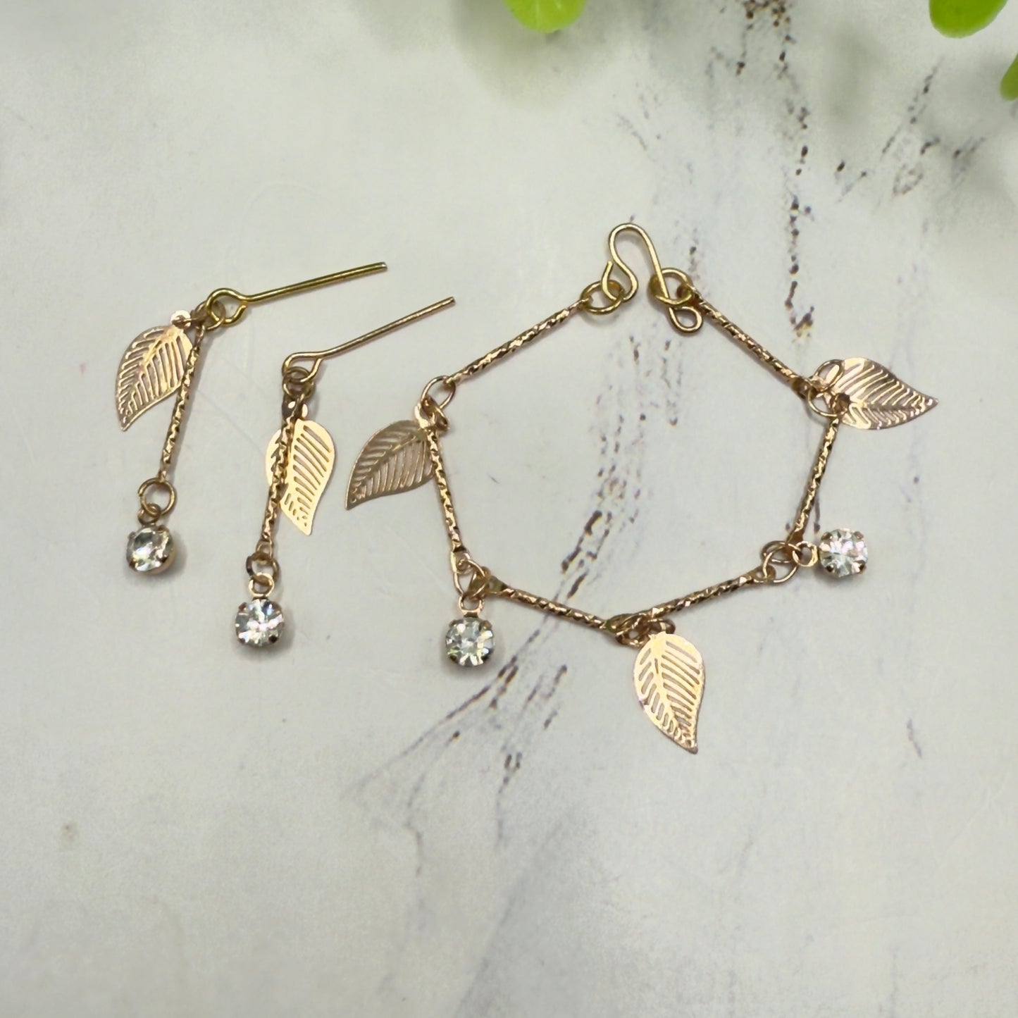 Gold Leaf Clear Rhinestone Dangles Gold Doll Necklace & Earrings • 16 Inch Fashion Doll Jewelry