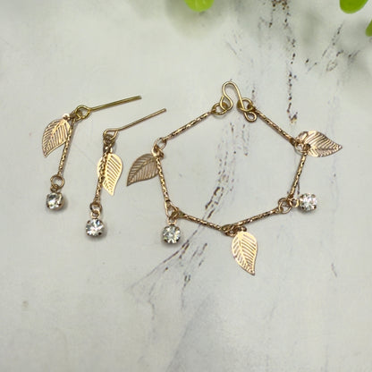 Gold Leaf Clear Rhinestone Dangles Gold Doll Necklace & Earrings • 16 Inch Fashion Doll Jewelry