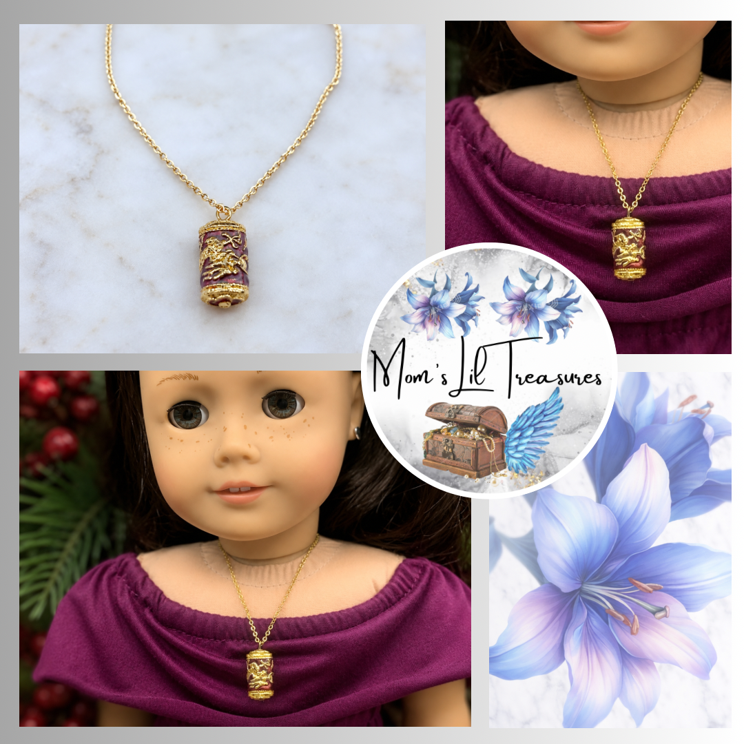Cloisonne Burgundy Gold Design Pendant Doll Necklace • 18” Fashion Doll Jewelry
