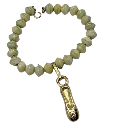 Green Glass Bead Gold Ballerina Slipper Charm Doll Necklace • 14” Fashion Doll Jewelry
