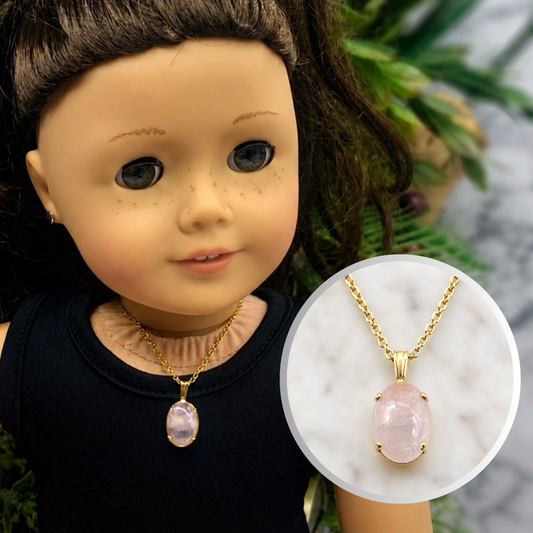Oval Opal Light Pink Glass Pendant Gold Chain Doll Necklace • 18” Doll Jewelry