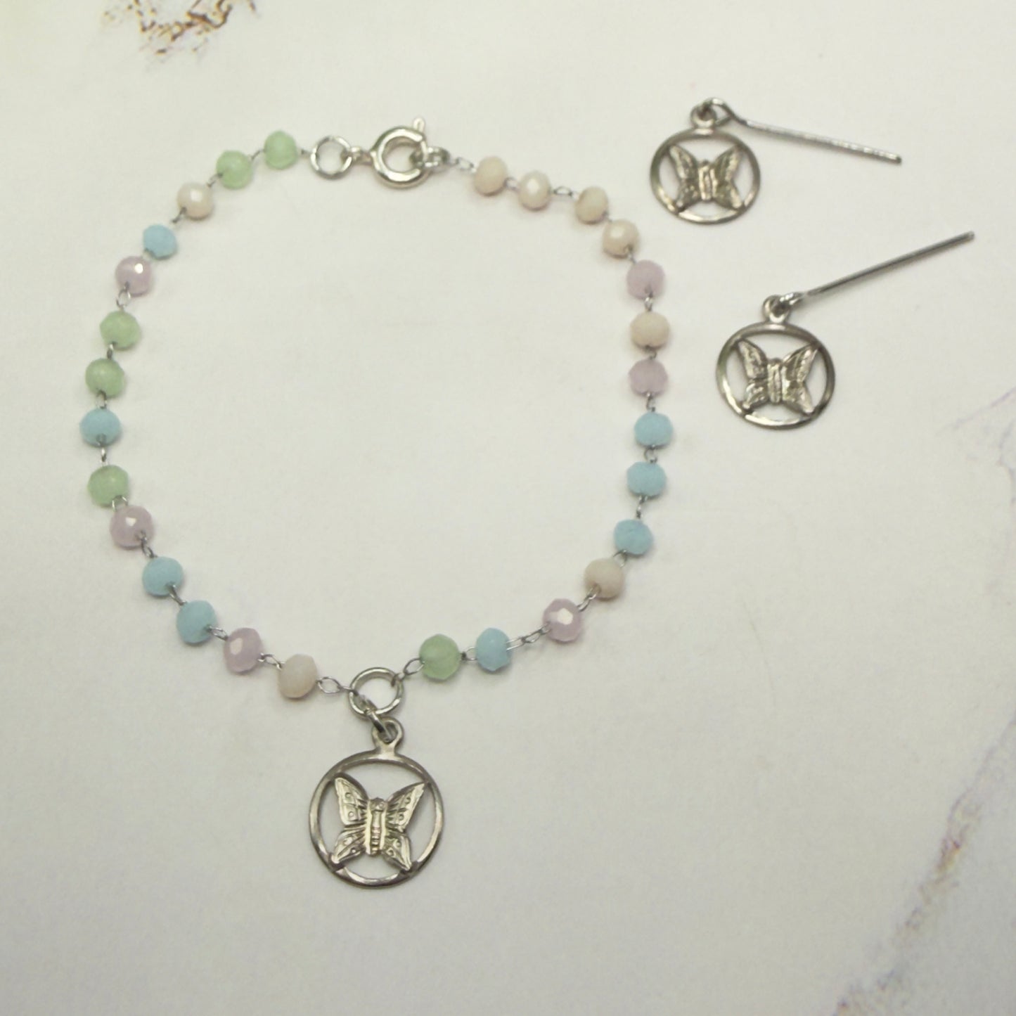 Pastel Blue Pink Green Glass Bead Silver Butterfly Charm Doll Necklace & Earrings Set • 18 Inch Fashion Doll Jewelry