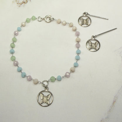 Pastel Blue Pink Green Glass Bead Silver Butterfly Charm Doll Necklace & Earrings Set • 18 Inch Fashion Doll Jewelry