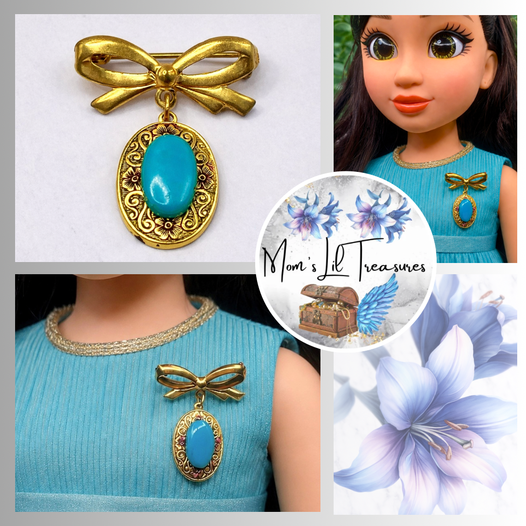 Turquoise Blue Acrylic Accent Gold Oval Filigree Design Dangle Doll Brooch