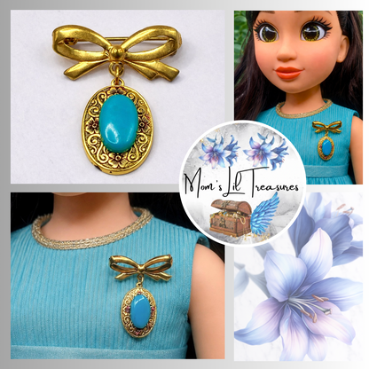 Turquoise Blue Acrylic Accent Gold Oval Filigree Design Dangle Doll Brooch