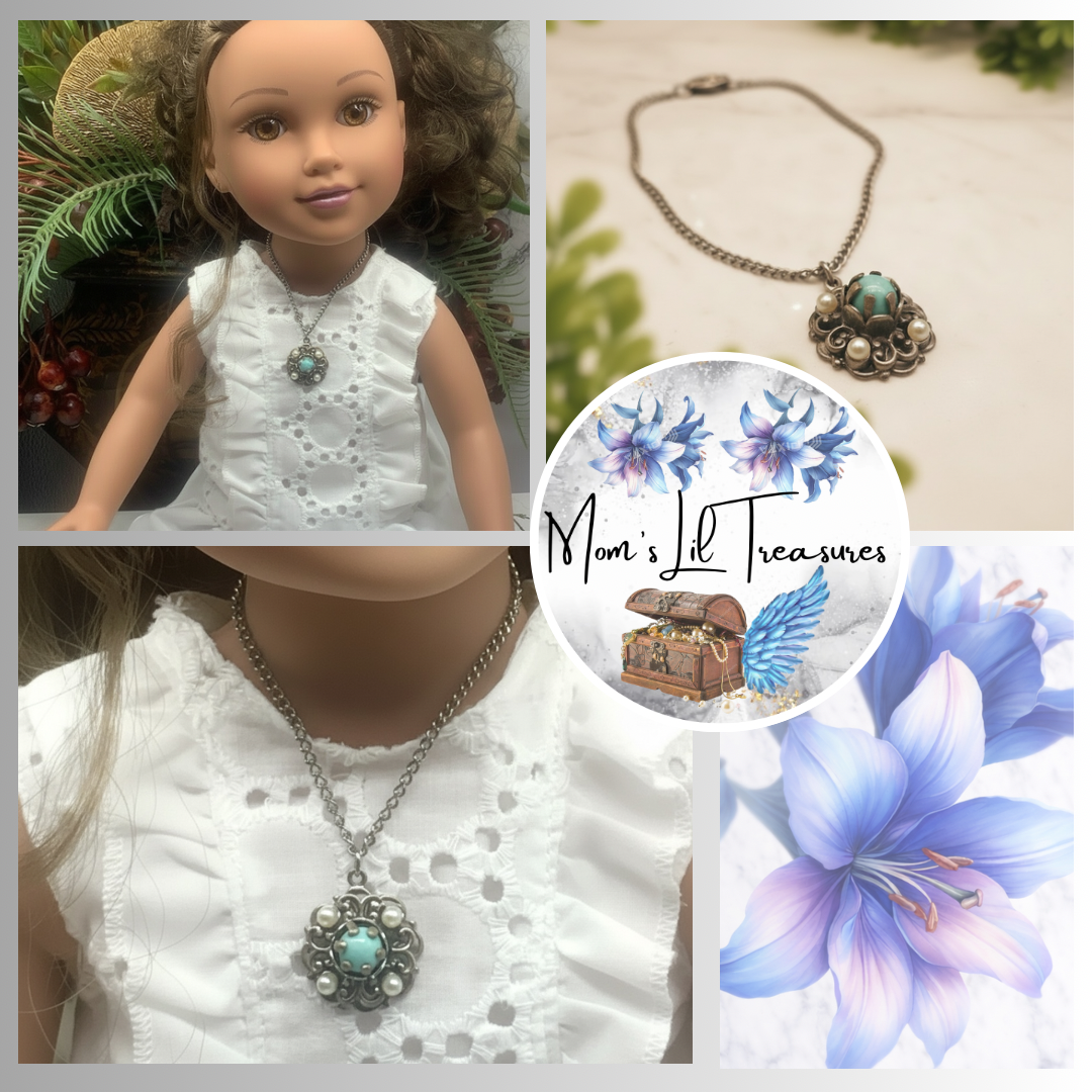 Light Blue Pearl Silver Pendant Doll Necklace • 18” Fashion Doll Jewelry