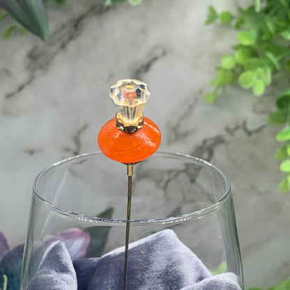 Orange Color Glass & Clear Glass Faceted Crystal • 6” Hatpin - Stick Pin