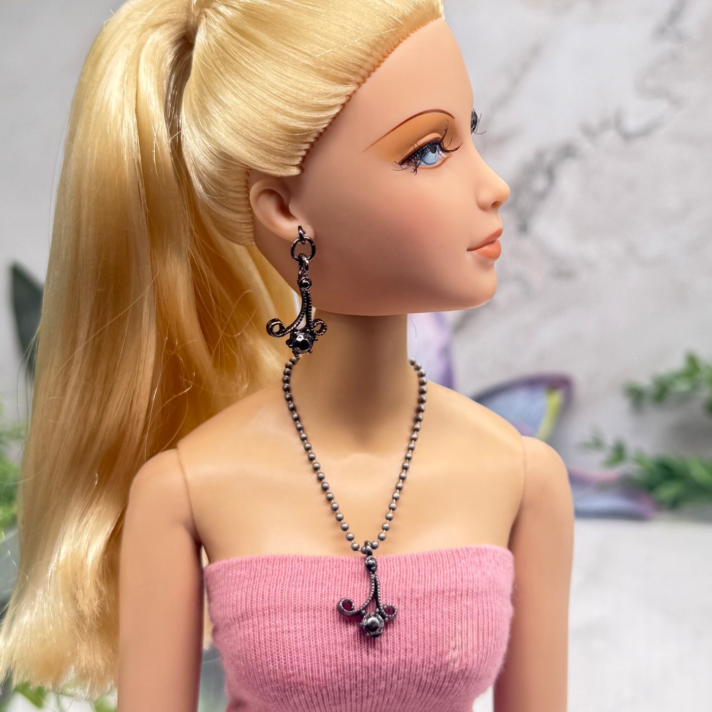 Black Dark Scroll Design Gray Metallic Rhinestone Ball Chain Doll Necklace & Earrings • 16 Inch Fashion Doll Jewelry