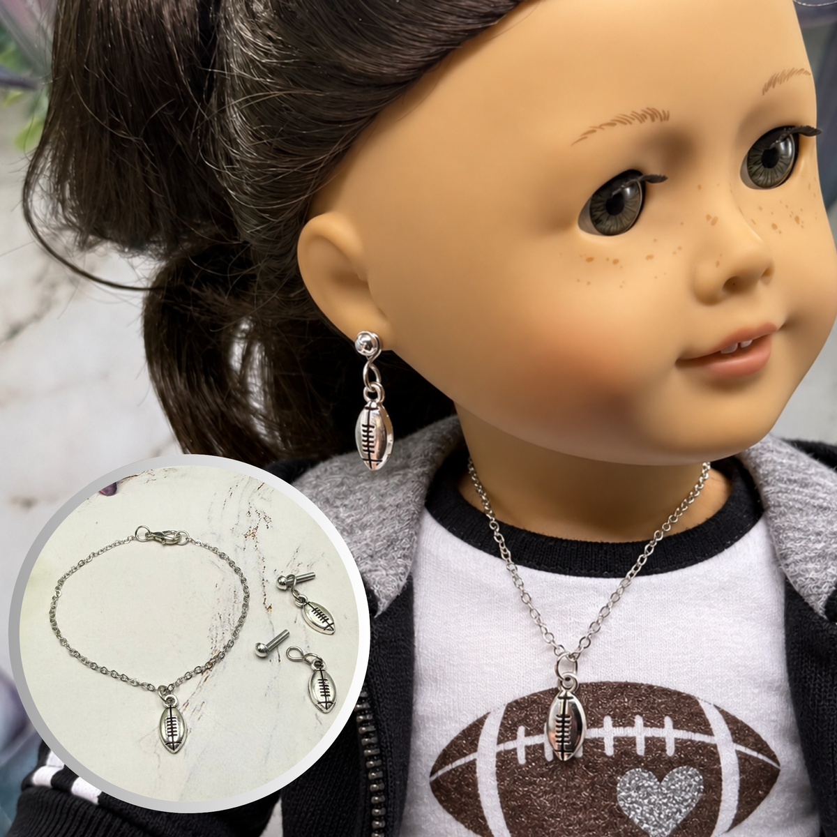 Silver Football Sports Charm Doll Necklace & 2mm Post Earrings | for 18 Inch Doll • American Girl